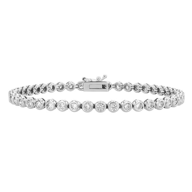 Bezel Set Round Diamond Tennis Bracelet in White Gold, 7", 2.45 aptw