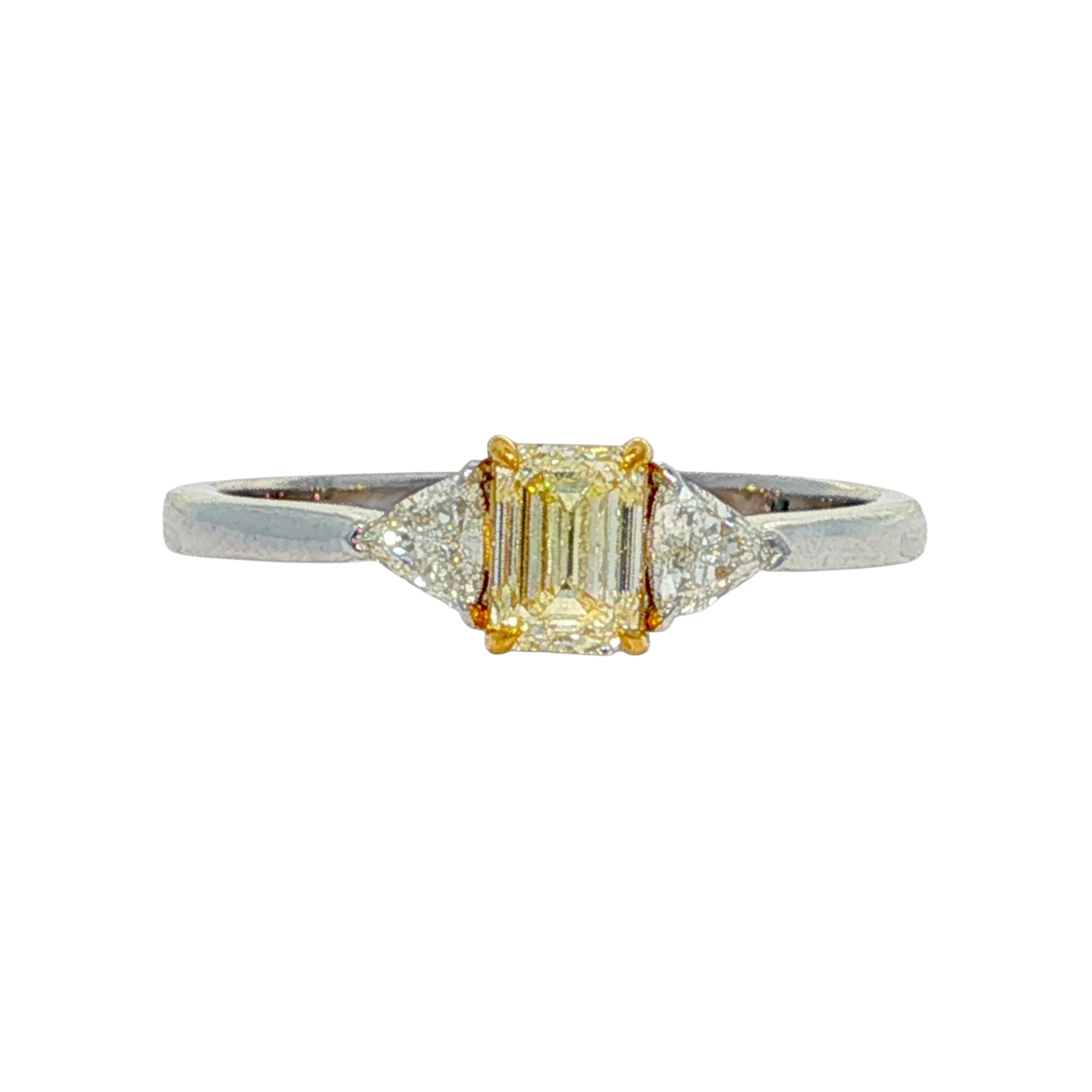 Emerald Cut Yellow Diamond & Trillion Cut Diamond 3 Stone Ring in Two Tone