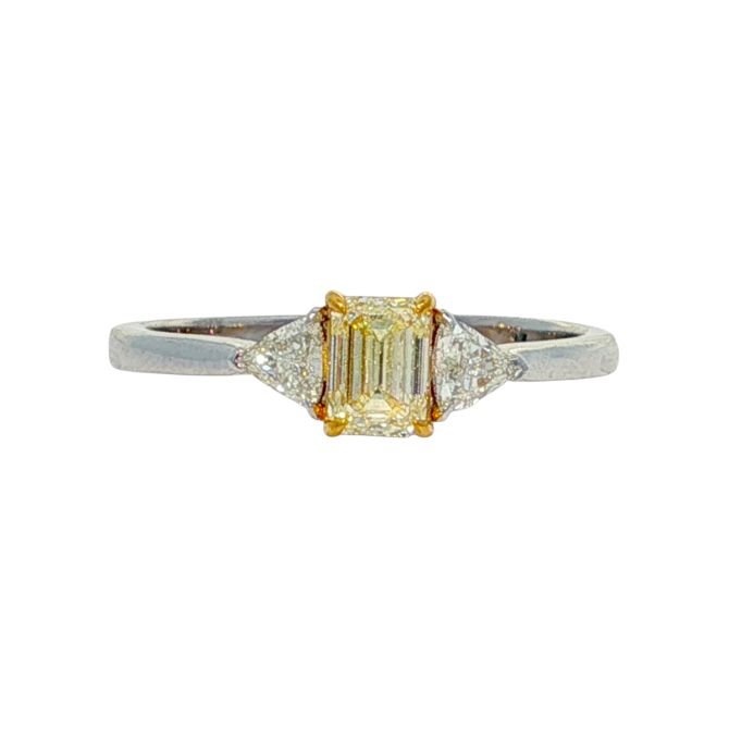 Emerald Cut Yellow Diamond & Trillion Cut Diamond 3 Stone Ring in Two Tone