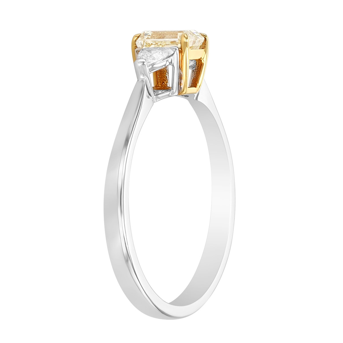 Emerald Cut Yellow Diamond & Trillion Cut Diamond 3 Stone Ring in Two Tone
