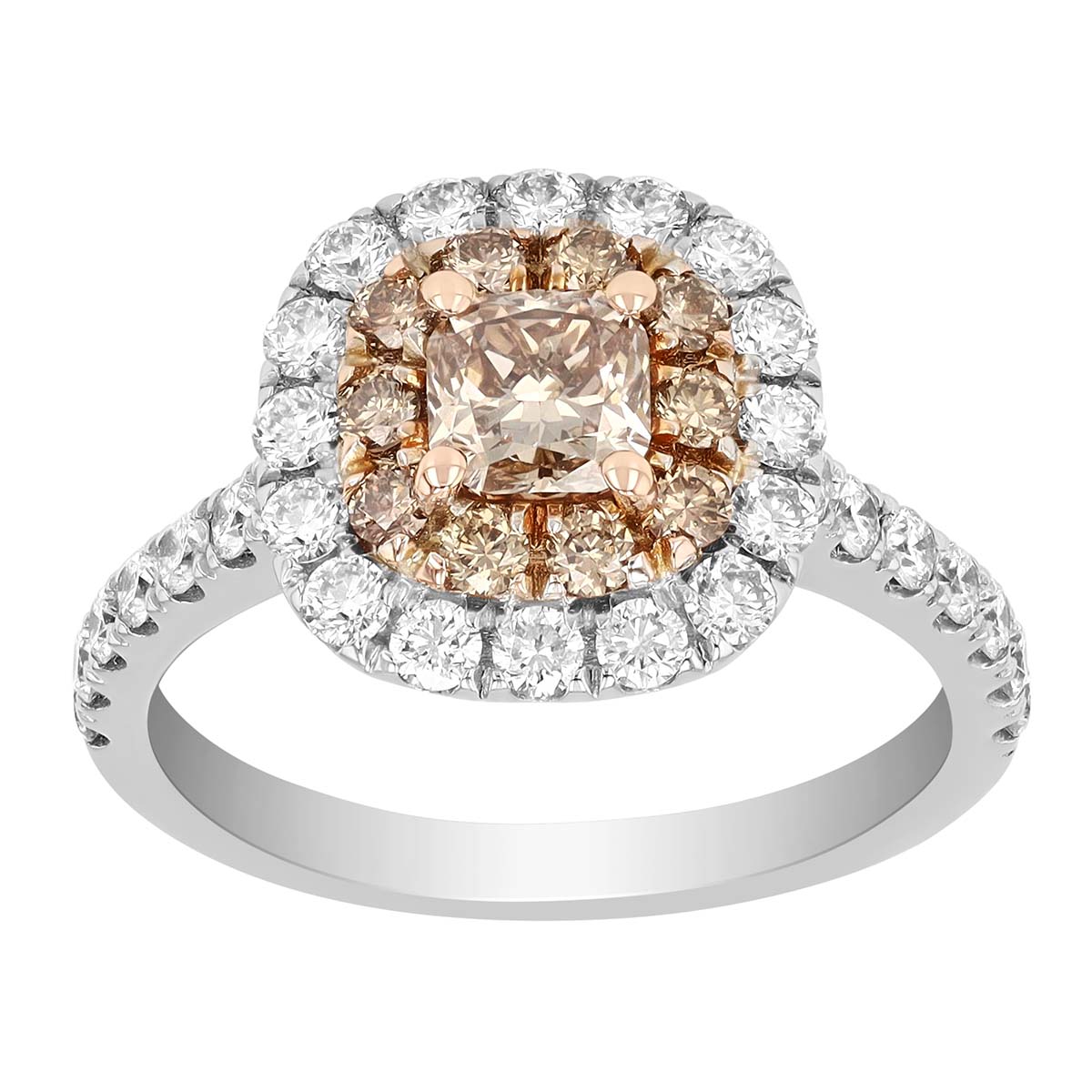 Cushion Cut Brown Diamond & White Diamond Ring in White Gold