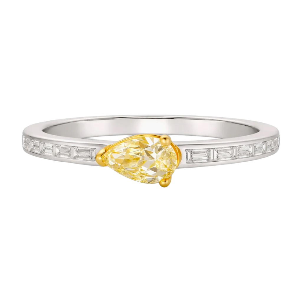 Pear Shape Yellow Diamond & Tapered Baguette Diamond Ring in Two Tone