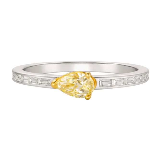 Pear Shape Yellow Diamond & Tapered Baguette Diamond Ring in Two Tone