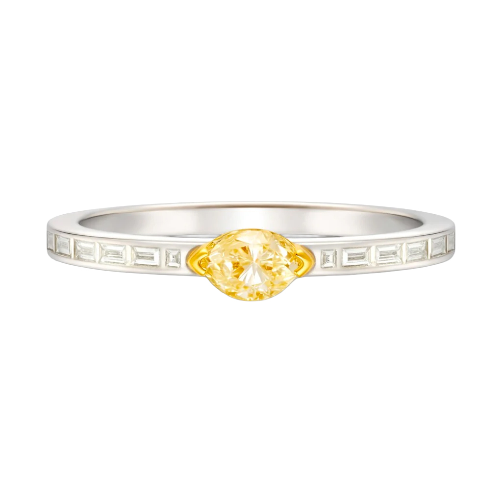 Marquise Yellow Diamond & Tapered Baguette Diamond Ring in Two Tone