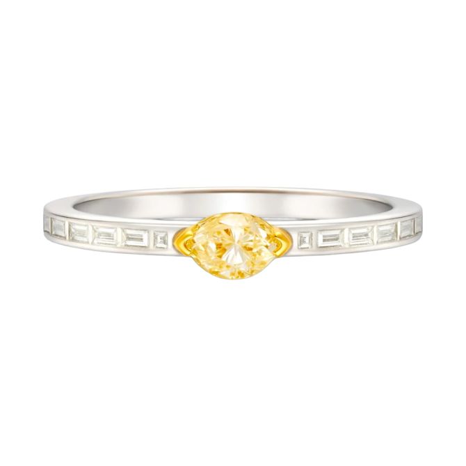 Marquise Yellow Diamond & Tapered Baguette Diamond Ring in Two Tone