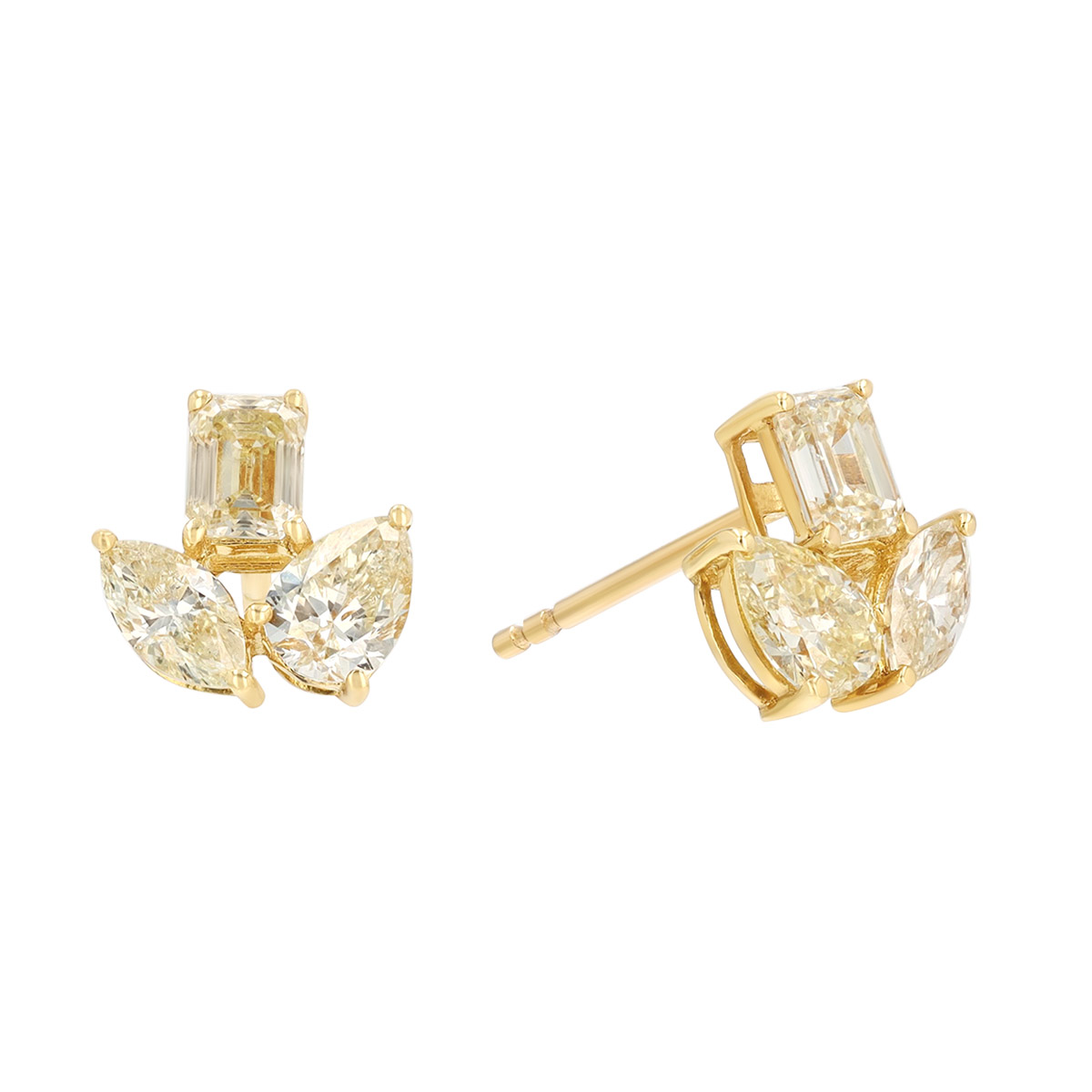 Mixed Shape Fancy Yellow Diamond Cluster Stud Earrings in Yellow Gold