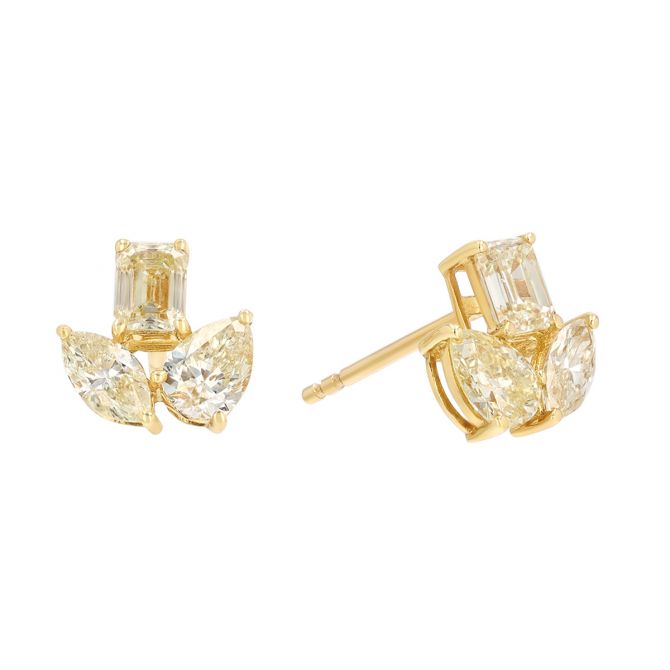 Mixed Shape Fancy Yellow Diamond Cluster Stud Earrings in Yellow Gold