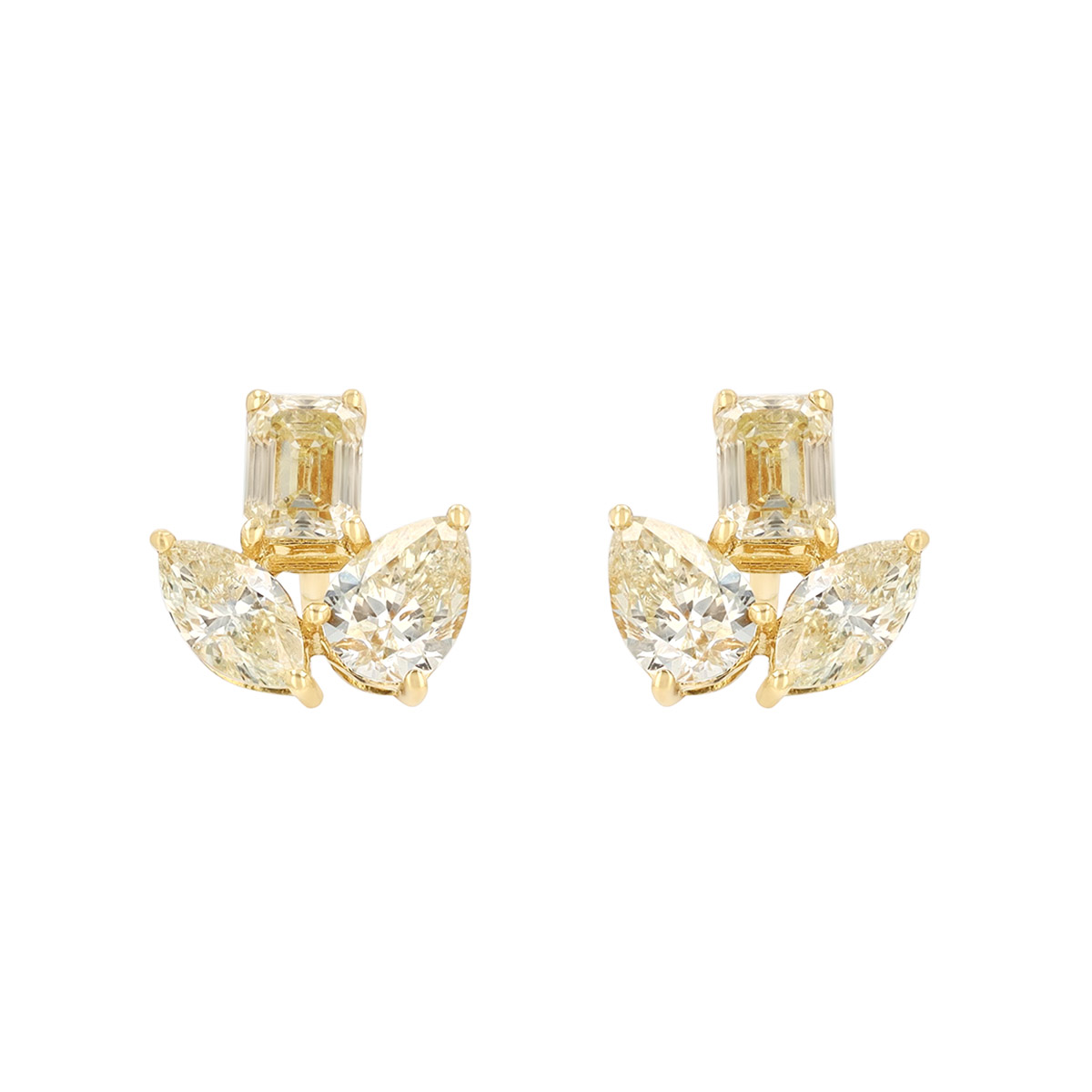 Mixed Shape Fancy Yellow Diamond Cluster Stud Earrings in Yellow Gold