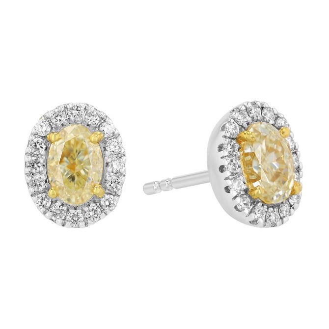 Oval Fancy Yellow Diamond & White Diamond Halo Stud Earrings in White Gold