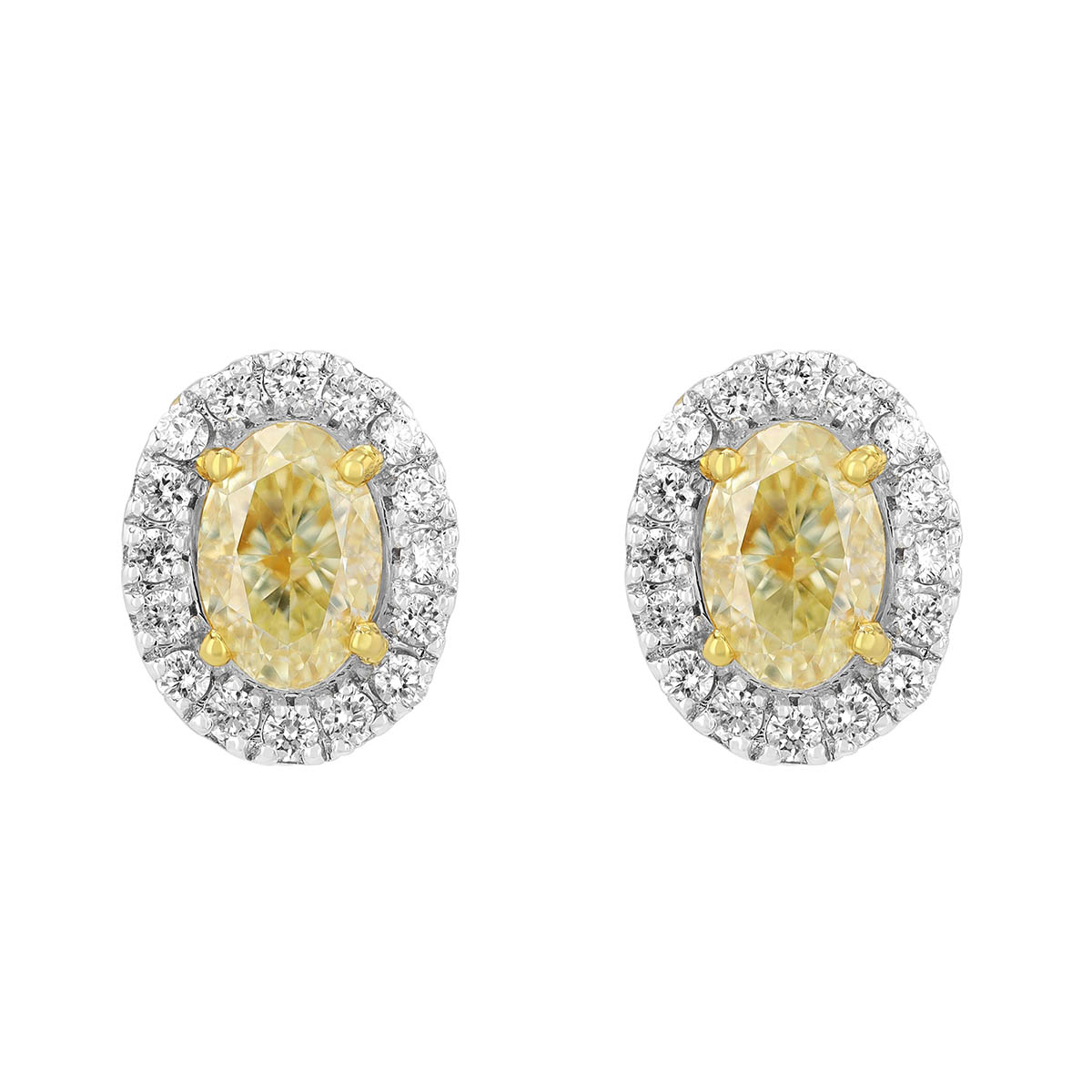 Oval Fancy Yellow Diamond & White Diamond Halo Stud Earrings in White Gold