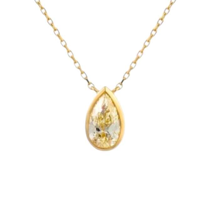 Bezel Set Pear Shape Yellow Diamond Solitaire Pendant in Yellow Gold