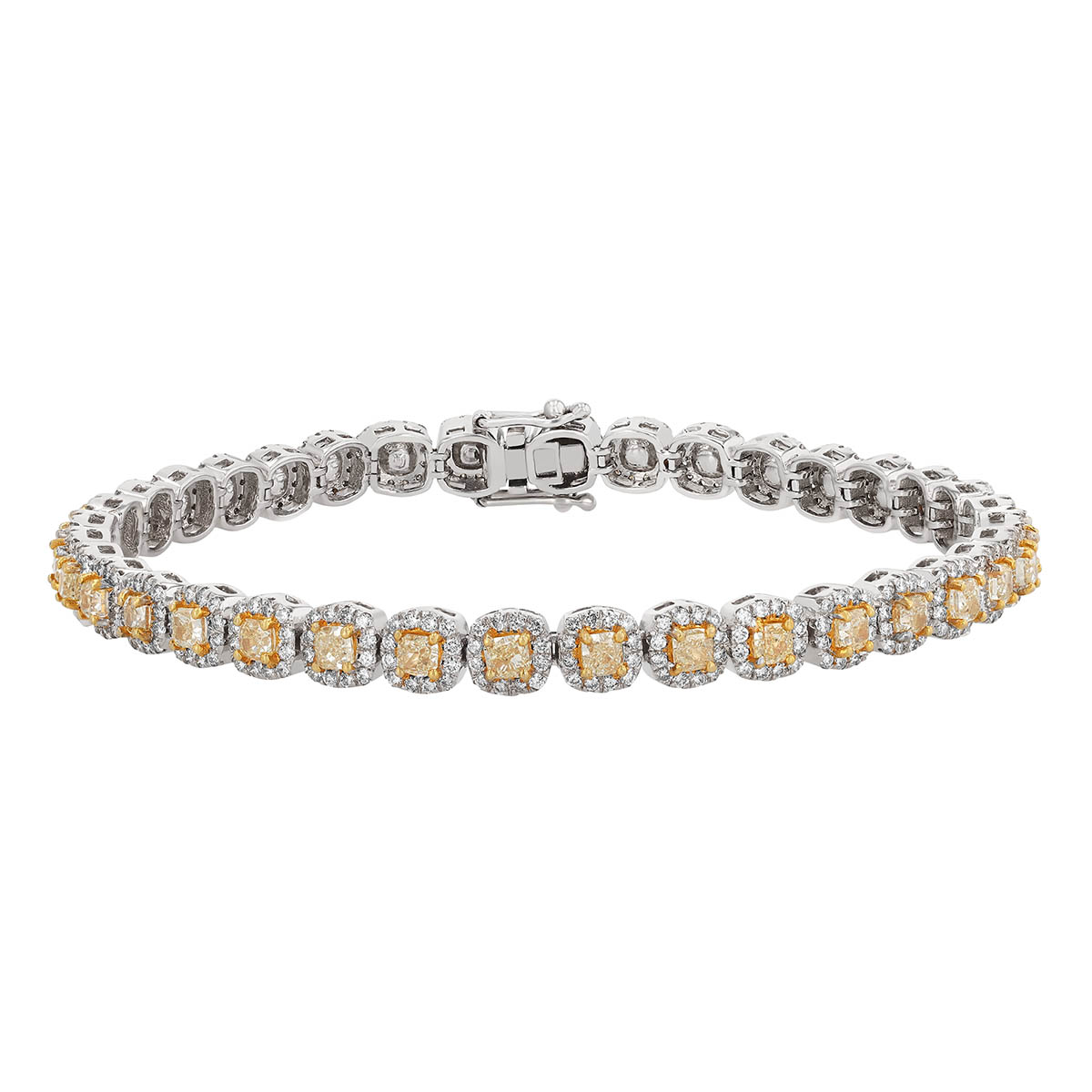 Cushion Cut Fancy Yellow Diamond & White Diamond Halo Tennis Bracelet in White Gold, 7