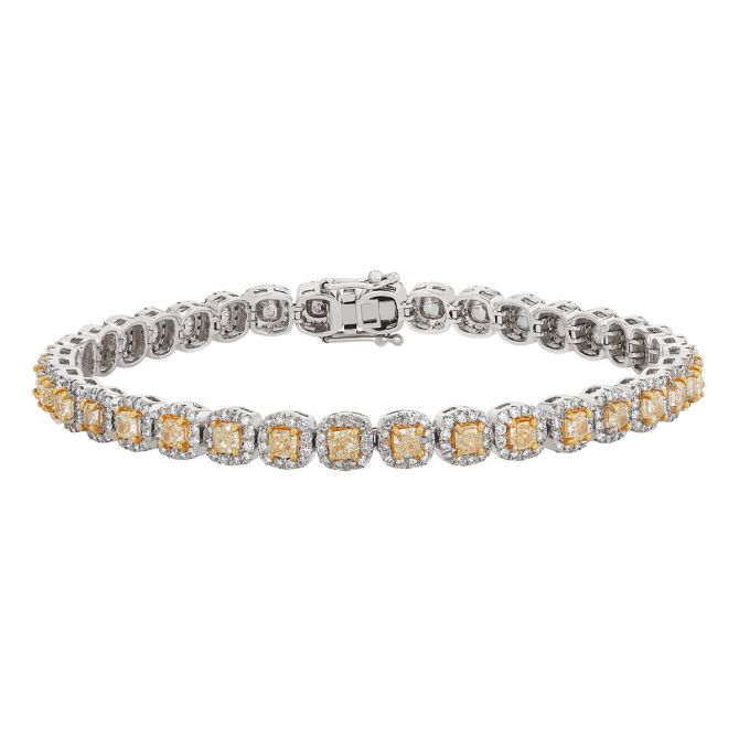 Cushion Cut Fancy Yellow Diamond & White Diamond Halo Tennis Bracelet in White Gold, 7"