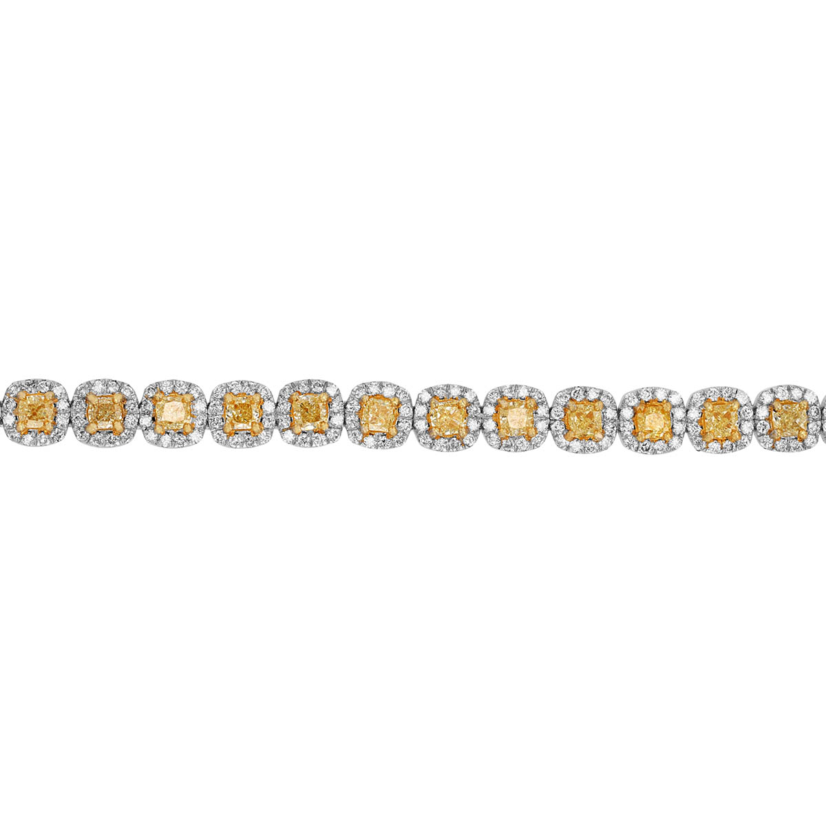 Cushion Cut Fancy Yellow Diamond & White Diamond Halo Tennis Bracelet in White Gold, 7