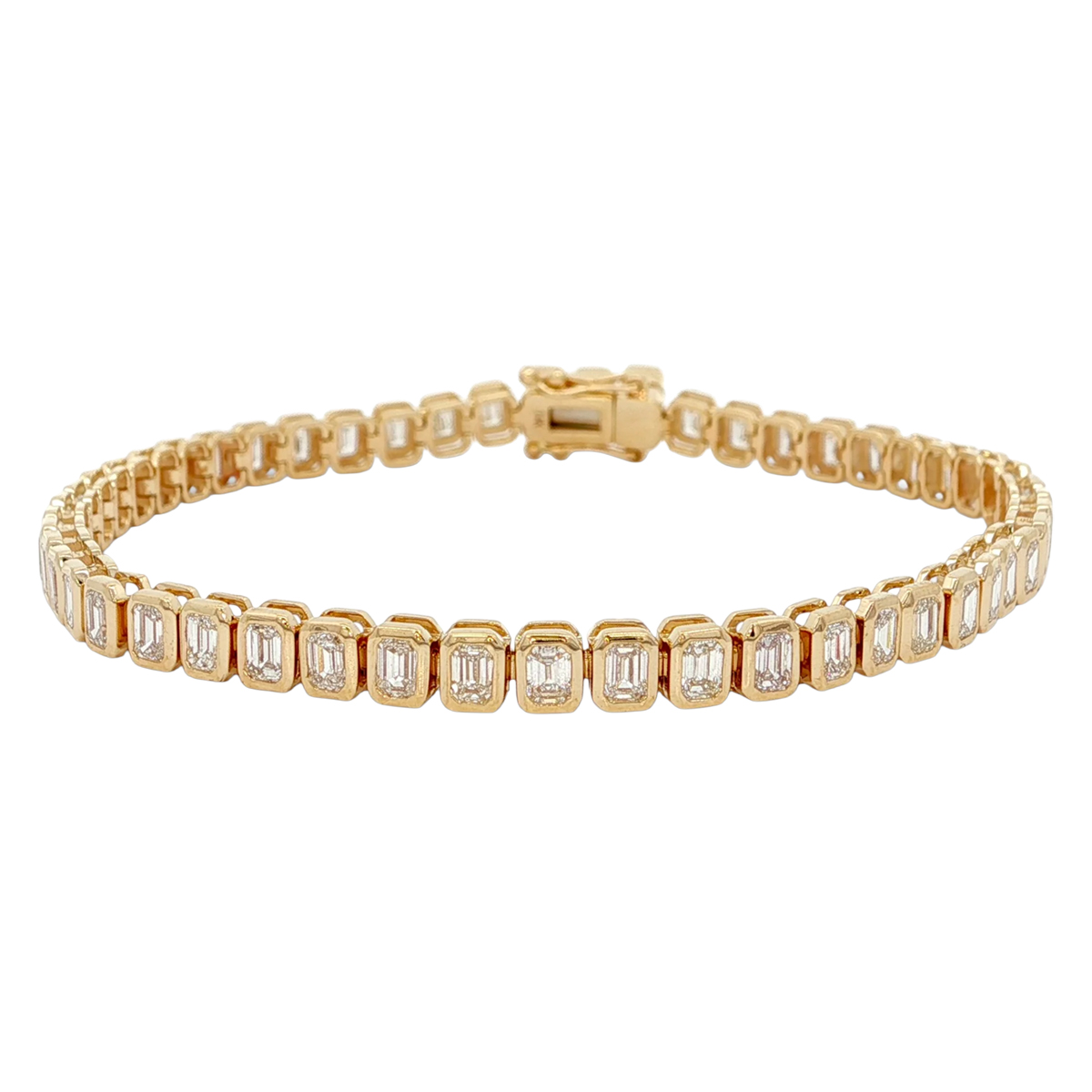 Bezel Set Emerald Cut Diamond Tennis Bracelet in Yellow Gold, 7