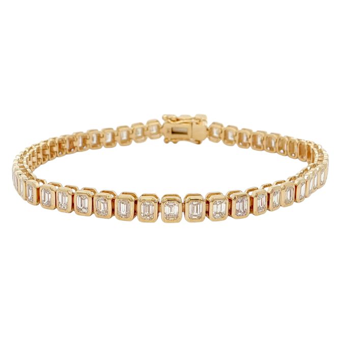 Bezel Set Emerald Cut Diamond Tennis Bracelet in Yellow Gold, 7", 4.99 cttw
