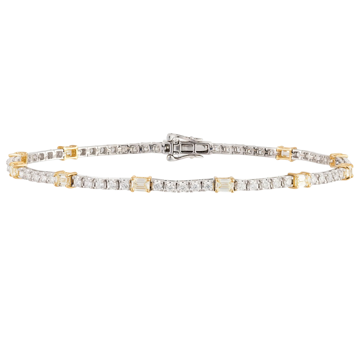 Emerald Cut Yellow Diamond Station & Round White Diamond Tennis Bracelet in Two Tone