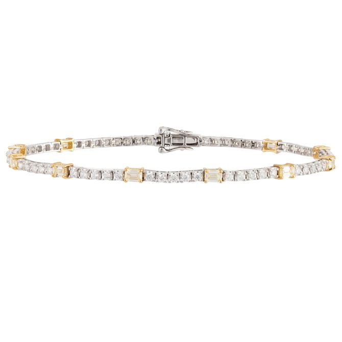 Emerald Cut Yellow Diamond Station & Round White Diamond Tennis Bracelet in Two Tone