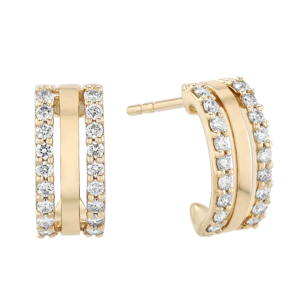 Diamond Triple Row Huggie Hoop Earrings in Yellow Gold