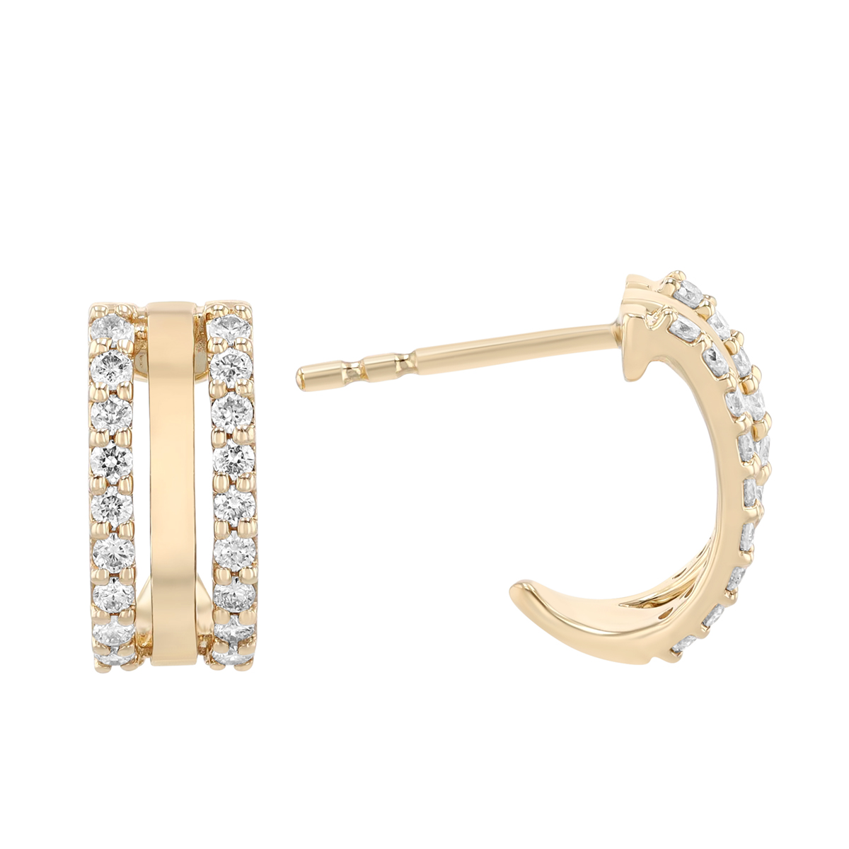 Diamond Triple Row Huggie Hoop Earrings in Yellow Gold