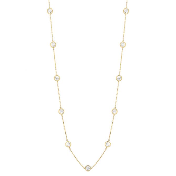 Bezel Set Round Diamond 12 Station Necklace in Yellow Gold, 18", 4.90 cttw