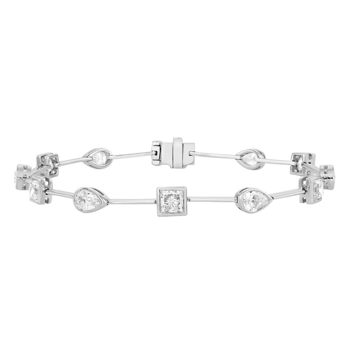 Bezel Set Pear, Marquise, & Princess Cut Diamond Station Bracelet in White Gold, 7