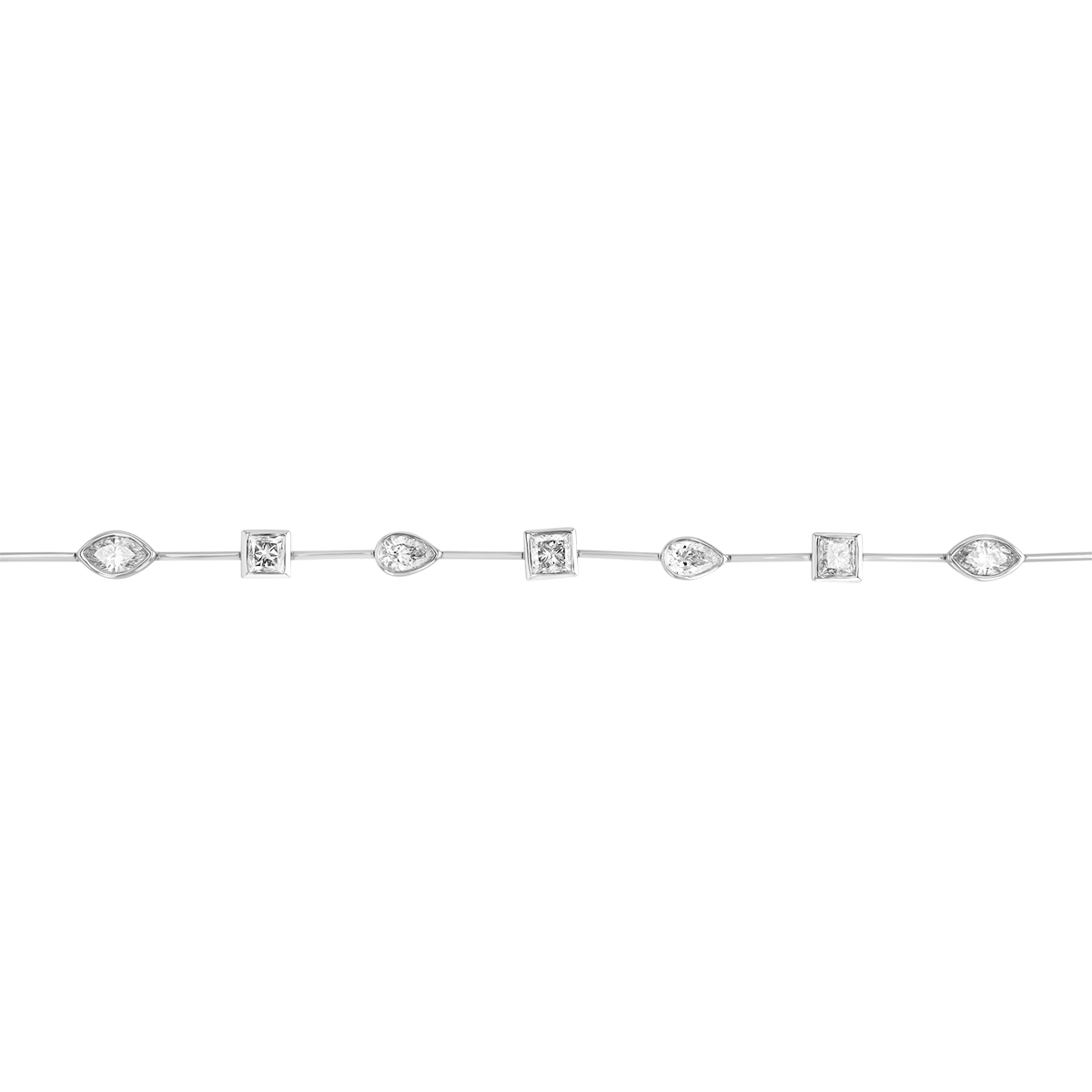 Bezel Set Pear, Marquise, & Princess Cut Diamond Station Bracelet in White Gold, 7