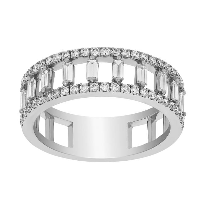 Round & Baguette Diamond Open Layer Ring in White Gold