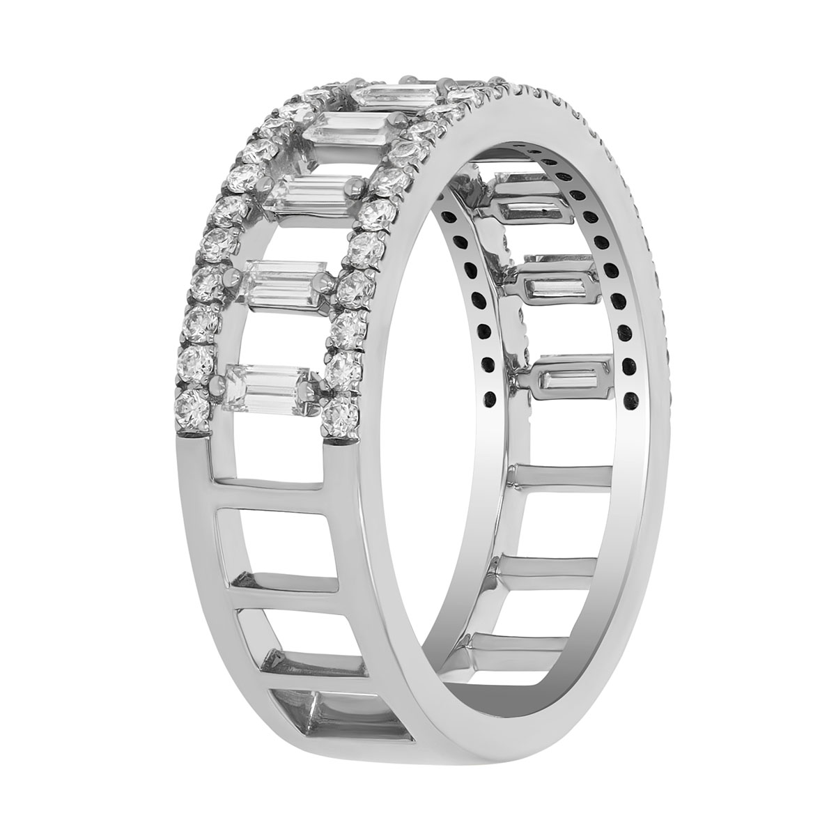Round & Baguette Diamond Open Layer Ring in White Gold