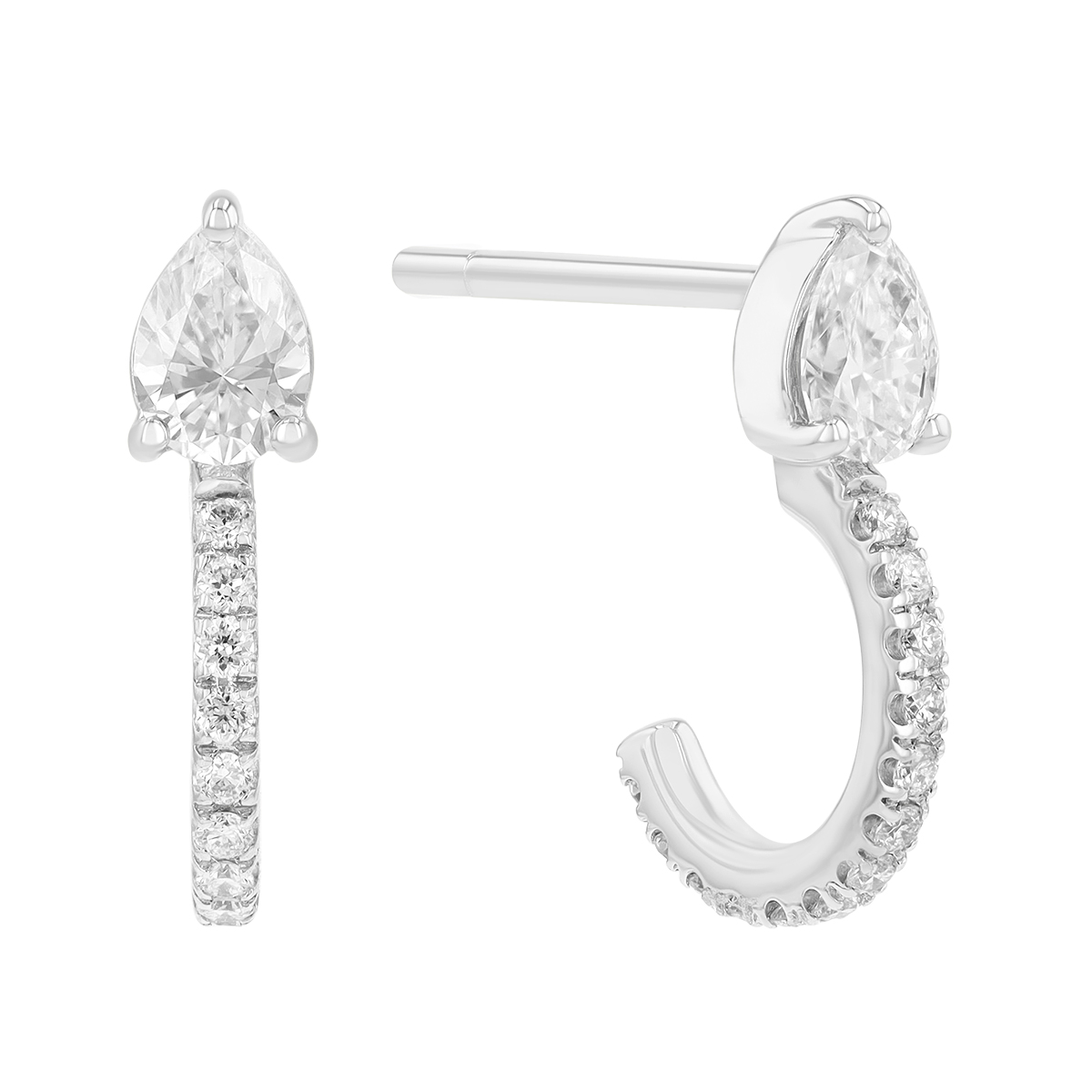 Pear Shape & Round Diamond Half Hoop Earrings in White Gold