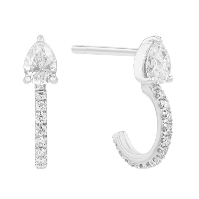 Pear Shape & Round Diamond Half Hoop Earrings in White Gold