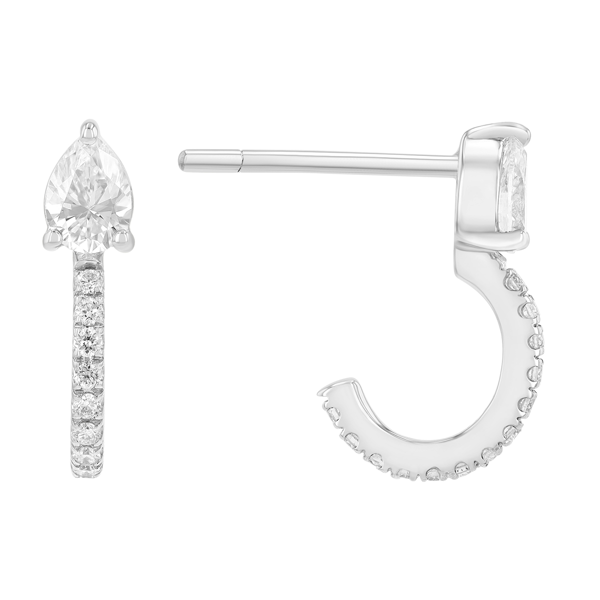 Pear Shape & Round Diamond Half Hoop Earrings in White Gold