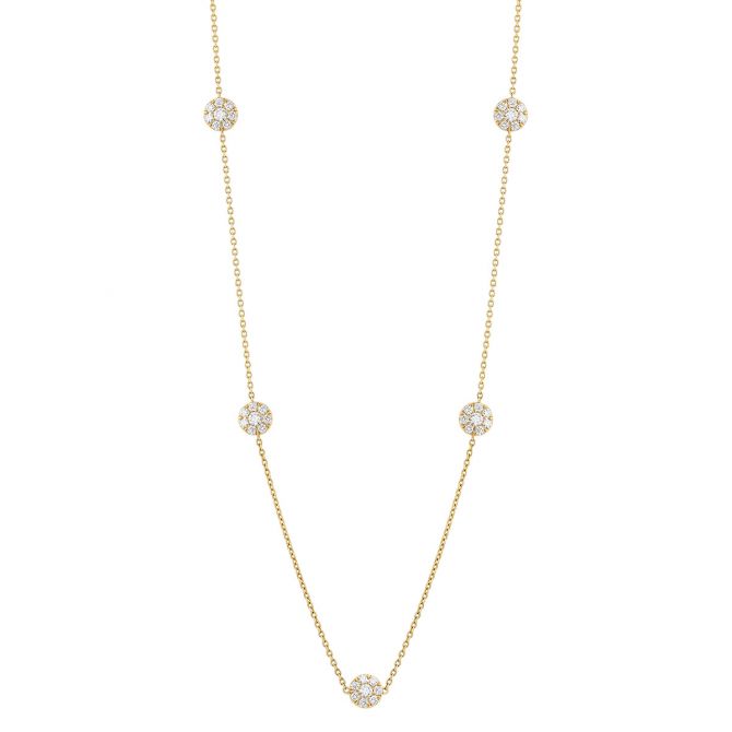 Diamond Cluster Round Station Necklace in Yellow Gold, 18"