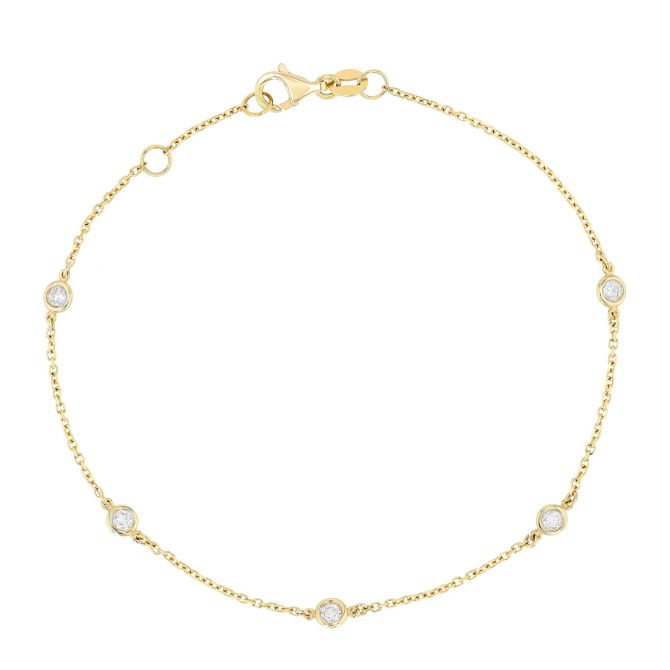 Bezel Set Round Diamond 5 Station Bracelet in Yellow Gold, 7.5", 0.25 cttw