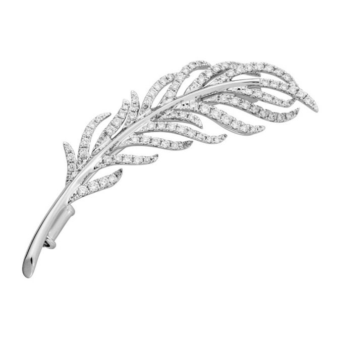 Diamond Feather Pin in White Gold