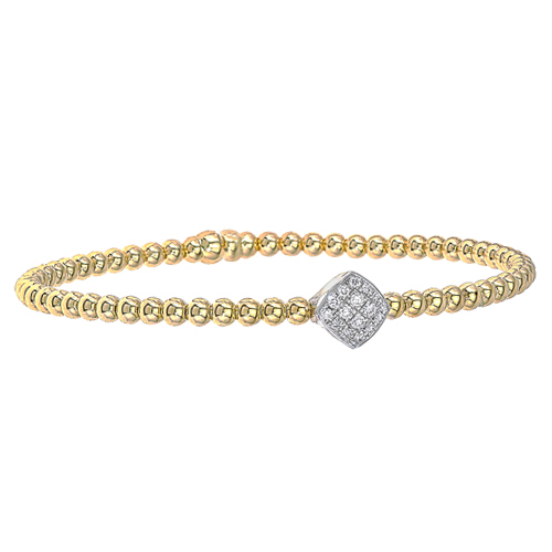 Yellow Gold Bead Pattern Cuff Bracelet with Diamond Pave Square Station in White Gold