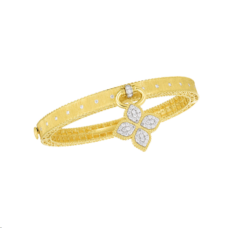 Roberto Coin Venetian Princess Diamond Two Tone Bangle with Flower Charm