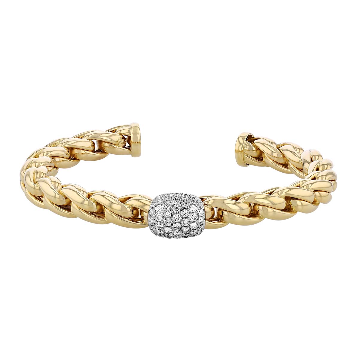 Yellow Gold Braided Cuff Bracelet With Diamond Pave Station