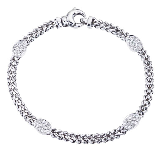 Diamond Pave Oval Station Wheat Chain Link Bracelet in White Gold, 7.5"