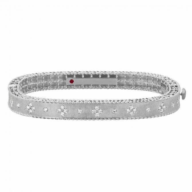Roberto Coin Princess 18K Gold Satin Finish Bangle with Fleur De Lis Diamonds