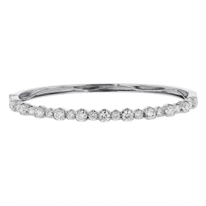 Diamond Line Hinged Oval Bangle Bracelet in White Gold