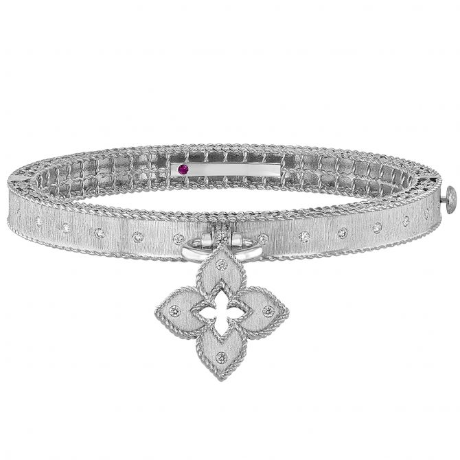 Roberto Coin Venetian Princess Flower Charm Bangle in White Gold with Diamonds