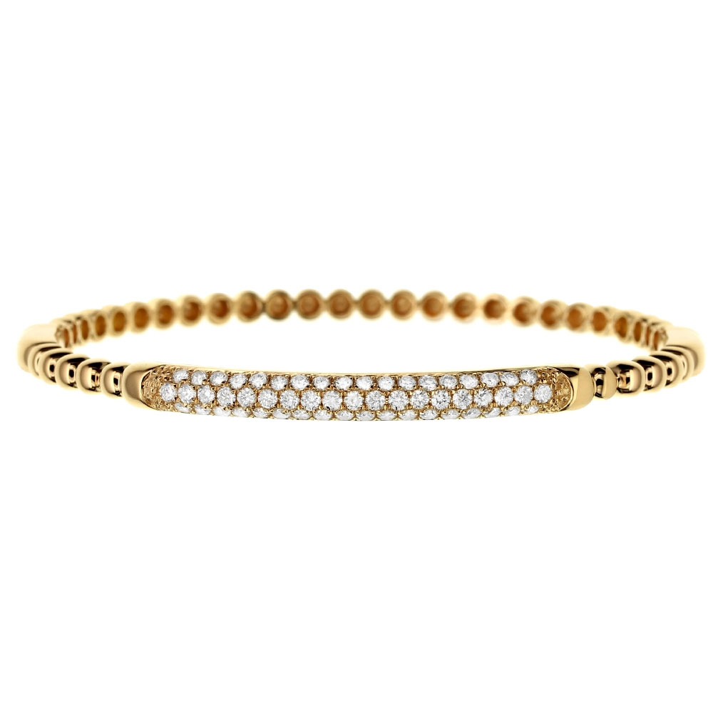 Diamond 3 Row Pave Bar Beaded Bangle Bracelet in Yellow Gold