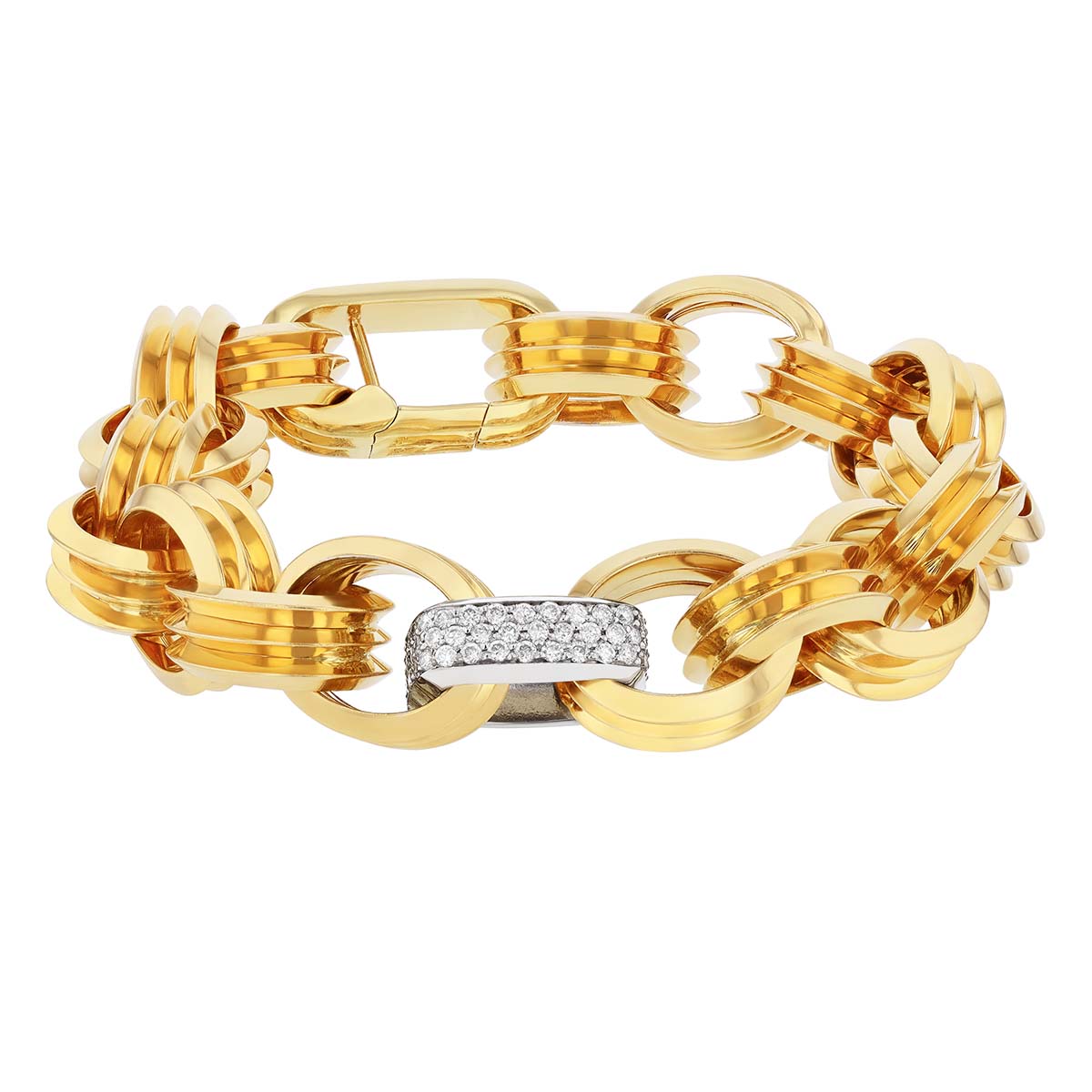 Roberto Coin Yellow Gold Fluted Oval Link Bracelet with White Gold Diamond Link
