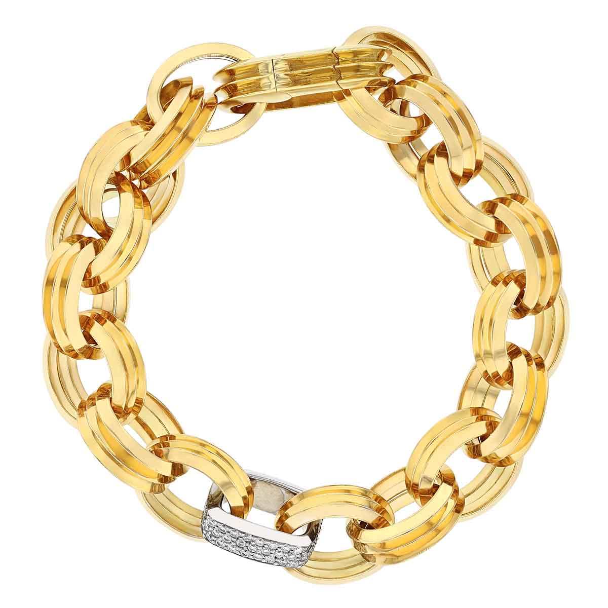Roberto Coin Yellow Gold Fluted Oval Link Bracelet with White Gold Diamond Link