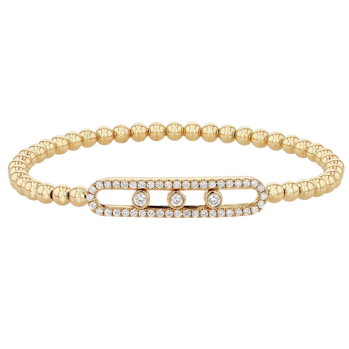 Diamond 3 Station Sliding Charm Bead Bangle Bracelet in Yellow Gold