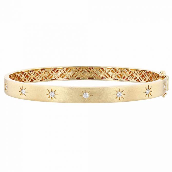 Diamond Star Pattern Thin Bangle in Satin Yellow Gold