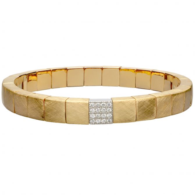 Demeglio Scacco Stretch Bracelet in Matte Yellow Gold with Diamond Pavé Station