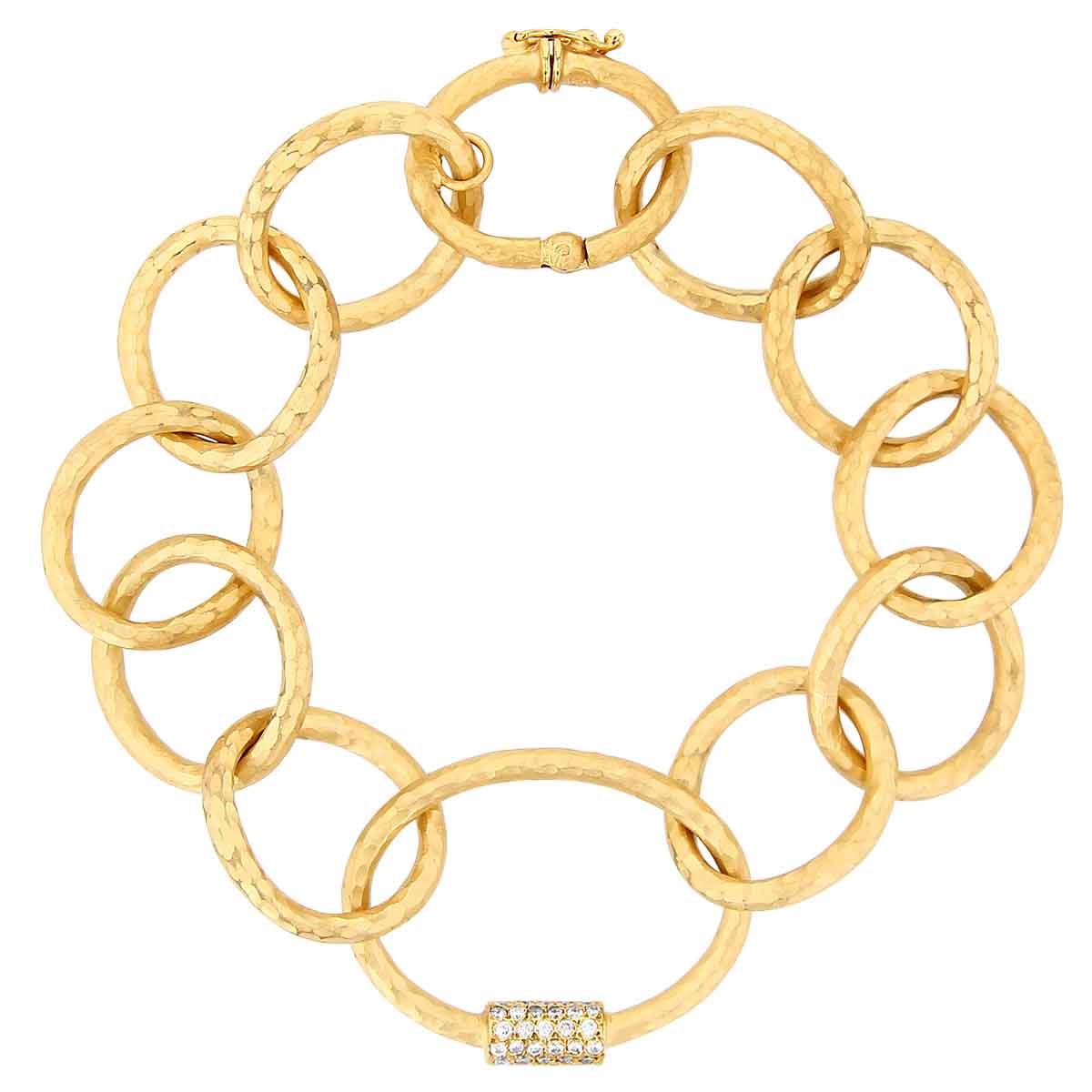 Marika Yellow Gold Hammered Oval Link Bracelet with Diamond Pavé Station