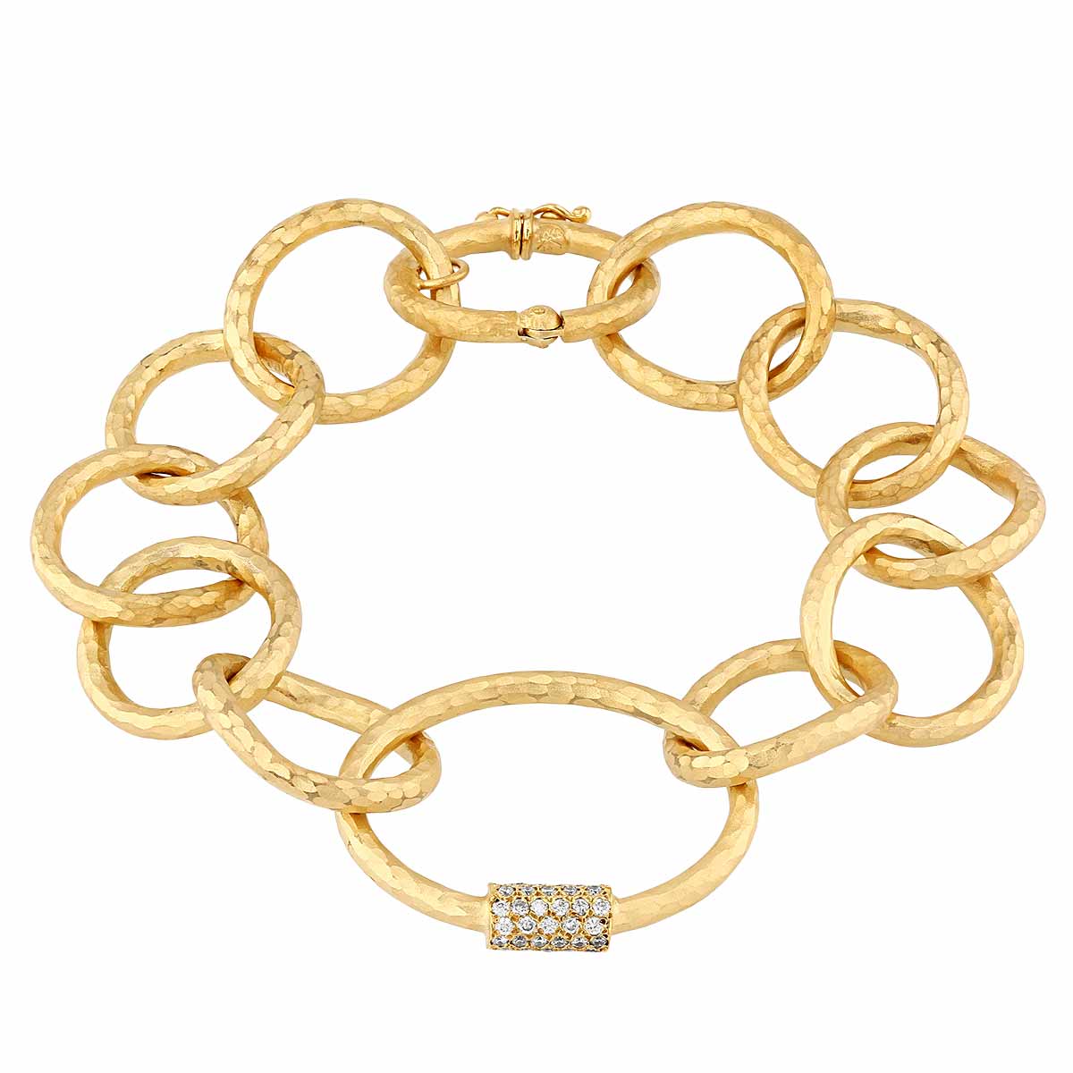 Marika Yellow Gold Hammered Oval Link Bracelet with Diamond Pavé Station